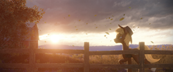 Size: 3840x1607 | Tagged: safe, artist:etherium-apex, oc, oc:acres, earth pony, pony, 3d, blender, blender eevee, countryside, farm, fence, leaves, male, scenery, solo
