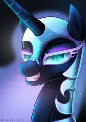 Size: 3600x5092 | Tagged: safe, artist:opal_radiance, nightmare moon, alicorn, pony, g4, absurd resolution, bust, fangs, female, grin, mare, smiling, solo