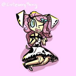 Size: 2000x2000 | Tagged: safe, artist:captdraws, fluttershy, dalmatian, dog, equestria girls, g4, clothes, cosplay, costume, cute, dog ears, dress, high res, one eye closed, shyabetes, solo, wink