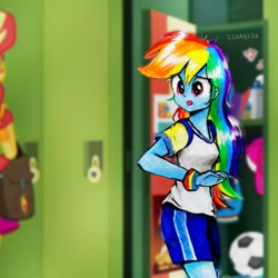 Size: 717x718 | Tagged: safe, artist:liaaqila, edit, rainbow dash, sunset shimmer, equestria girls, g4, my little pony equestria girls: better together, sock it to me, screencap reference, solo focus, traditional art