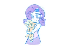 Size: 1240x812 | Tagged: safe, artist:zutcha, applejack, rarity, earth pony, pony, equestria girls, g4, carrying, cute, duo, holding a pony, jackabetes, lidded eyes, raribetes, size difference, smiling, unamused