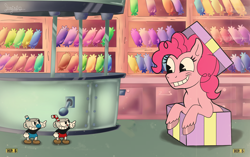 Size: 3354x2113 | Tagged: safe, artist:shungire, pinkie pie, earth pony, pony, g4, boss battle, box, candy, crossover, cuphead, cuphead (character), female, food, grin, high res, male, mare, mugman, pony in a box, smiling, sugarcube corner, unshorn fetlocks