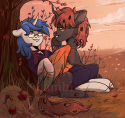 Size: 1146x1080 | Tagged: safe, artist:1an1, artist:fajnk, oc, oc only, changeling, hybrid, pony, unicorn, apple, changeling oc, collaboration, commission, cute, female, food, glasses, grass, horn, hug, mare, orange changeling, pair, soft, tree, unicorn oc, ych result