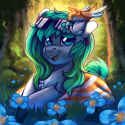 Size: 2000x2000 | Tagged: safe, artist:ariamidnighters, oc, oc only, bird, earth pony, pony, chest fluff, female, flower, flower in hair, forest, high res, solo, sunglasses