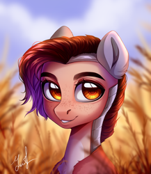 Size: 1236x1426 | Tagged: safe, artist:dashameleshkina666, oc, oc only, pony, bust, female, field, food, freckles, helmet, solo, wheat