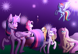 Size: 4000x2786 | Tagged: safe, artist:mistywolf06, applejack, fluttershy, pinkie pie, rainbow dash, rarity, twilight sparkle, alicorn, classical unicorn, earth pony, pegasus, pony, unicorn, g4, applejack's hat, celebration, cloven hooves, cowboy hat, curved horn, eye clipping through hair, eyebrows, eyebrows visible through hair, eyes closed, female, fireworks, flying, folded wings, grin, group, hat, hooves, horn, leonine tail, mane six, mare, open mouth, raised hoof, rearing, sextet, signature, smiling, spread wings, twilight sparkle (alicorn), unshorn fetlocks, wings