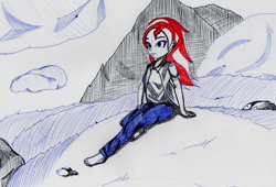 Size: 2021x1373 | Tagged: safe, artist:notowa, sunset shimmer, equestria girls, g4, barefoot, clothes, feet, female, monochrome, partial color, solo, traditional art