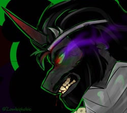Size: 1218x1080 | Tagged: safe, artist:z0mbiph0bic, king sombra, pony, umbrum, unicorn, g4, beard, blood, bust, crown, facial hair, fangs, jewelry, male, nosebleed, regalia, solo, stallion