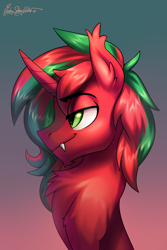 Size: 2000x3000 | Tagged: safe, artist:jedayskayvoker, oc, oc only, oc:ambrosia firehoof, pony, unicorn, eyebrows, eyebrows visible through hair, fangs, high res, horn, male, slit pupils, solo, unicorn oc