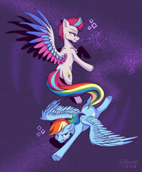 Size: 2319x2816 | Tagged: safe, artist:teaflower300, rainbow dash, zipp storm, pegasus, pony, g4, g5, abstract background, duo, female, flying, high res, mare, spread wings, wings