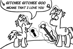 Size: 696x474 | Tagged: safe, artist:samueleallen, pony, unicorn, electric guitar, eyes closed, gitchee gitchee goo, guitar, microphone, monochrome, musical instrument, phineas and ferb, ponified, singing, song parody, song reference, speech bubble