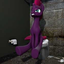 Size: 720x720 | Tagged: safe, artist:unknownface24, tempest shadow, pony, unicorn, g4, 3d, angry, bathroom stall, but why, constipated, female, implied pooping, public bathroom, sitting on toilet, solo, source filmmaker, toilet, toilet paper