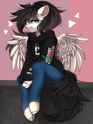 Size: 1594x2130 | Tagged: safe, artist:mediasmile666, oc, oc only, pegasus, anthro, unguligrade anthro, clothes, female, hoodie, jeans, looking at you, mare, pants, sitting, solo, wings