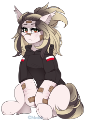 Size: 1565x2221 | Tagged: safe, artist:mediasmile666, oc, oc only, earth pony, pony, bandaid, bandaid on nose, ear tufts, female, looking at you, mare, self harm scars, simple background, sitting, solo, transparent background