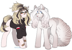 Size: 3276x2278 | Tagged: safe, artist:mediasmile666, oc, oc only, pony, bandage, duo, female, floppy ears, high res, mare, simple background, standing, tongue out, transparent background