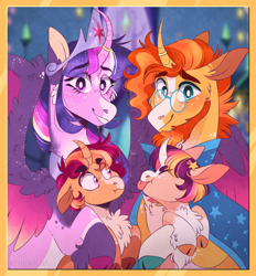 Size: 1280x1377 | Tagged: safe, artist:wanderingpegasus, sunburst, twilight sparkle, oc, oc:artemis, oc:dream weaver, alicorn, pony, unicorn, g4, beard, brother and sister, cheek fluff, chest fluff, cloak, clothes, cloven hooves, curved horn, facial hair, father and child, father and daughter, female, fluffy, glasses, horn, horn ring, jewelry, like father like daughter, like father like son, like mother like daughter, like mother like son, like parent like child, male, mother and child, mother and daughter, mother and son, next generation, offspring, parent:sunburst, parent:twilight sparkle, parents:twiburst, ring, ship:twiburst, shipping, siblings, straight, sunburst's cloak, sunburst's glasses, tiara, tongue out, twilight sparkle (alicorn)