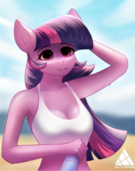 Size: 1974x2498 | Tagged: safe, artist:delta hronum, twilight sparkle, alicorn, unicorn, anthro, g4, beach, female, solo, sun, ych example, your character here