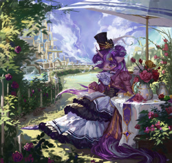 Size: 5000x4730 | Tagged: safe, artist:makkah, starlight glimmer, pony, unicorn, anthro, g4, book, clothes, curved horn, dress, flower, glasses, hat, horn, parasol (umbrella), reading, rose, solo, top hat