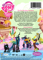 Size: 1070x1500 | Tagged: safe, ahuizotl, daring do, discord, flam, flim, queen chrysalis, changeling, changeling queen, draconequus, pegasus, pony, unicorn, g4, season 2, back cover, brian ward, dvd, female, flim flam brothers, shout factory, the fun has been doubled, tv rating, tv-y