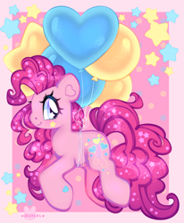 Size: 3300x4000 | Tagged: safe, artist:bunxl, pinkie pie, earth pony, pony, g4, balloon, cute, diapinkes, female, floating, happy, heart balloon, high res, mare, party balloon, profile, smiling, solo, starry eyes, stars, then watch her balloons lift her up to the sky, wingding eyes