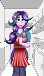 Size: 1100x1900 | Tagged: safe, artist:zachc, starlight glimmer, equestria girls, g4, alternate hairstyle, apron, blushing, clothes, female, kitchen, looking at you, solo
