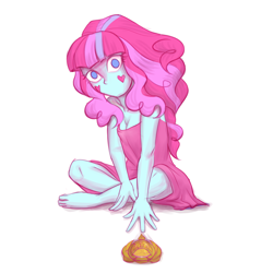 Size: 1800x1800 | Tagged: safe, artist:kul, kiwi lollipop, equestria girls, g4, barefoot, breasts, cleavage, clothes, creepy, crossed legs, dress, feet, k-lo, mouthless, simple background, solo, time twirler