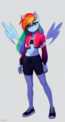 Size: 1400x2620 | Tagged: safe, artist:mrscroup, rainbow dash, anthro, g4, belly button, blushing, breasts, cleavage, clothes, delicious flat chest, floating wings, implied lesbian, implied shipping, implied twidash, jacket, jewelry, midriff, necklace, rainbow flat, shoes, shorts, sneakers, solo, sports bra, sports shorts, twilight sparkle's cutie mark, wings