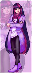 Size: 521x1200 | Tagged: safe, artist:malinraf1615, twilight sparkle, alicorn, human, pony, g4, alternate hairstyle, boots, clothes, coat, female, humanized, jeans, long hair, long mane, mare, nail polish, one eye closed, pants, scarf, shirt, shoes, solo, t-shirt, twilight sparkle (alicorn), wink