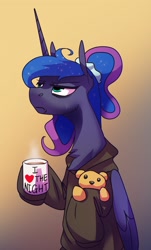 Size: 1004x1658 | Tagged: safe, artist:anticular, princess luna, alicorn, pony, g4, alternate hairstyle, bags under eyes, chest fluff, clothes, coffee mug, female, gradient background, hoodie, mare, mug, sleepy, solo, teddy bear