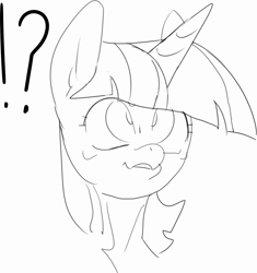 Size: 1823x1941 | Tagged: safe, artist:baigak, twilight sparkle, pony, unicorn, g4, confused, exclamation point, female, interrobang, looking up, mare, monochrome, question mark, reaction image, simple background, sketch, solo, white background