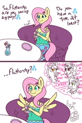 Size: 1600x2400 | Tagged: safe, artist:erynerikard, discord, doctor caballeron, fluttershy, king sombra, pegasus, anthro, g4, 2 panel comic, blushing, comic, dialogue, flower, food, i'm a big fan of the bad guys, implied caballershy, implied discoshy, implied rarity, implied shipping, implied sombrashy, implied straight, nervous sweat, offscreen character, shrunken pupils, spread wings, sweat, sweatdrops, tea, thought bubble, wingboner, wings
