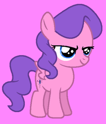 Size: 410x479 | Tagged: safe, artist:kammythepanic, north star (g1), pegasus, pony, g1, g4, female, filly, g1 to g4, generation leap, narrowed eyes, pink background, simple background, smiling, solo