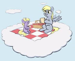 Size: 3396x2776 | Tagged: safe, artist:heretichesh, derpy hooves, dinky hooves, pegasus, pony, unicorn, g4, basket, cloud, cute, derpabetes, dinkabetes, duo, equestria's best daughter, equestria's best mother, eyes closed, female, filly, foal, food, high res, hoof hold, mare, mother and child, mother and daughter, picnic, picnic basket, picnic blanket, sandwich
