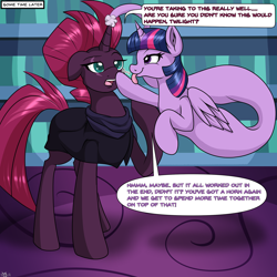 Size: 2000x2000 | Tagged: safe, artist:novaspark, tempest shadow, twilight sparkle, alicorn, genie, genie pony, pony, unicorn, g4, boop, clothes, dialogue, duo, duo female, elongated body, female, fetish, high res, horn, horn vore, post-vore, preylight, tempest gets her horn back, tempred, tongue out, transformation, twilight sparkle (alicorn), vore, willing vore
