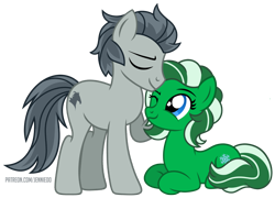 Size: 1200x863 | Tagged: safe, artist:jennieoo, oc, oc:emerald snow, oc:steel mustang, earth pony, pony, couple, kiss on the head, lovers, lying down, show accurate, simple background, transparent background, vector