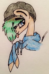 Size: 1764x2657 | Tagged: safe, artist:beamybutt, oc, oc only, earth pony, pony, :p, beanie, bust, clothes, earth pony oc, hat, hoodie, male, signature, smiling, solo, stallion, tongue out, traditional art