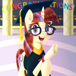 Size: 2000x2000 | Tagged: safe, artist:darksly, moondancer, pony, unicorn, g4, 2021, cute, dancerbetes, diploma, female, glasses, graduation, graduation cap, happy, hat, high res, looking at you, mare, newbie artist training grounds, open mouth, solo
