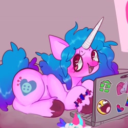 Size: 2000x1990 | Tagged: dead source, safe, artist:axollungz, izzy moonbow, pinkie pie, zipp storm, pony, unicorn, g5, awesome face, bisexual pride flag, blushing, bracelet, computer, cute, female, heart, izzybetes, jewelry, laptop computer, mare, open mouth, pinkamena diane pie, plushie, pride, pride flag, solo, sticker, toy, unshorn fetlocks