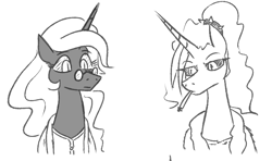 Size: 834x494 | Tagged: safe, artist:jargon scott, oc, oc only, oc:dyx, oc:nyx, alicorn, pony, bathrobe, black and white, cigarette, clothes, duo, female, glasses, grayscale, monochrome, older, older dyx, older nyx, robe, siblings, simple background, sisters, smoking, white background