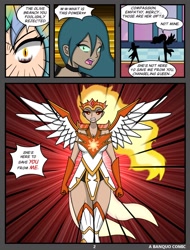 Size: 1614x2122 | Tagged: safe, artist:banquo0, daybreaker, princess celestia, queen chrysalis, human, g4, alternate universe, armor, clothes, comic, dark skin, dialogue, humanized, now you fucked up, silhouette, surprised, text, winged humanization, wings
