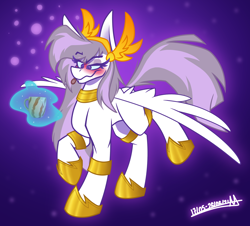 Size: 2580x2336 | Tagged: safe, artist:adilord, oc, oc only, oc:athena (shawn keller), pegasus, pony, guardians of pondonia, alcohol, armor, blushing, cup, drunk, drunk bubbles, eyebrows, eyebrows visible through hair, female, go home you're drunk, headdress, high res, hoof shoes, jewelry, magic, mare, necklace, pegasus oc, purple background, simple background, smiling, solo, tongue out, wavy mouth