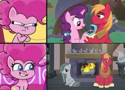 Size: 1053x759 | Tagged: safe, edit, edited screencap, screencap, big macintosh, marble pie, pinkie pie, sugar belle, earth pony, pony, unicorn, g4, g4.5, hearthbreakers, little miss fortune, my little pony: pony life, the big mac question, the tiara of truth, female, fire, fireplace, male, pinkie pie is not amused, ship:marblemac, ship:sugarmac, shipping, stallion, straight, unamused