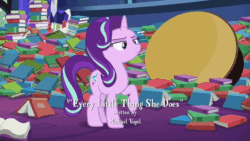 Size: 720x405 | Tagged: safe, screencap, spike, starlight glimmer, twilight sparkle, alicorn, dragon, pony, unicorn, every little thing she does, g4, season 6, accelero, animated, book, cleaning, fast, female, gif, gotta go fast, library, magic, male, mare, mess, spell, trio, twilight sparkle (alicorn), twilight's castle