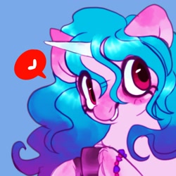Size: 2001x2001 | Tagged: dead source, safe, artist:axollungz, izzy moonbow, pony, unicorn, g5, blue background, bust, heart, high res, hooves together, pictogram, simple background, smiling, solo