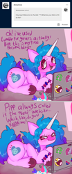 Size: 1280x3064 | Tagged: safe, alternate version, artist:axollungz, izzy moonbow, pinkie pie, zipp storm, pony, unicorn, g5, angry, ask, awesome face, bisexual pride flag, blushing, bracelet, computer, cute, female, headcanon, heart, izzybetes, jewelry, laptop computer, lgbt headcanon, mare, open mouth, pinkamena diane pie, plushie, pride, pride flag, sexuality headcanon, solo, sticker, toy, tumblr, unshorn fetlocks