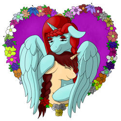 Size: 2600x2600 | Tagged: safe, artist:zethbsoul, oc, oc:light, oc:yvonne redfeather, alicorn, pony, unicorn, alicorn oc, braid, brown mane, floppy ears, flower, gray eyes, high res, horn, hug, red mane, shipping, simple background, transparent background, unicorn oc, wings