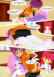 Size: 2897x4096 | Tagged: safe, artist:legions20, apple bloom, scootaloo, sweetie belle, equestria girls, g4, 3d, clothes, comic, cute, feet, female, implied shipping, implied straight, implied sweetiemash, kissing, koikatsu, lesbian, lying down, ship:scootabelle, shipping, socks, surprised