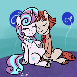 Size: 2048x2048 | Tagged: safe, artist:chelseawest, princess flurry heart, oc, oc:silk tie, alicorn, pony, unicorn, g4, canon x oc, eyes closed, female, high res, horn, male, mare, older, older flurry heart, petalverse, pregnant, shipping, smiling, stallion, stallion oc, straight, unicorn oc