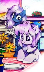 Size: 1988x3224 | Tagged: safe, artist:liaaqila, oc, oc only, oc:mio (higglytownhero), oc:vesperal breeze, earth pony, pegasus, pony, bandage, fanfic art, female, flower, food, friendship, high res, house, mare, pancakes, plate, stove, table, tablecloth, traditional art, vase