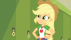 Size: 3410x1920 | Tagged: safe, screencap, applejack, equestria girls, equestria girls specials, g4, my little pony equestria girls: better together, my little pony equestria girls: holidays unwrapped, o come all ye squashful, applejack's hat, belt, clothes, cowboy hat, cute, cutie mark, cutie mark on clothes, denim skirt, female, geode of super strength, hand on hip, hat, high res, jackabetes, jewelry, lockers, magical geodes, necklace, skirt, smiling, solo